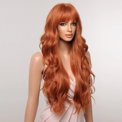 Orange Copper Ginger Long Wavy Synthetic Wigs Red Yellow Wig with Bangs for Women Natural Cosplay Body Wave Heat Resistant Hair
