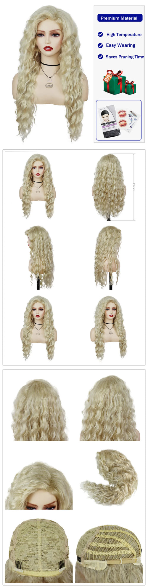 Womens Wig Long Synthetic Hair Ombre Blonde Curly Wigs Female Natural Wavy Drag Queen Regular Wig 80s Gradient Wigs for Student