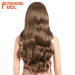 FASHION IDOL 26 inch Body Wave T Part Lace Wigs For Women Dyed Wigs Synthetic With Baby Hair Wigs Ombre Brown Daily Wigs Cosplay