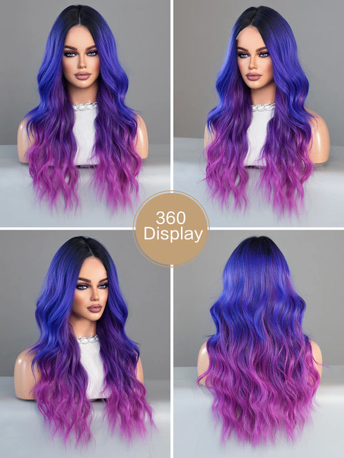 HD Transparent Lace Front Wig Blue Ombre Purple Body Wavy Wigs with Bangs High Density Synthetic Lace Frontal Side Part Wigs