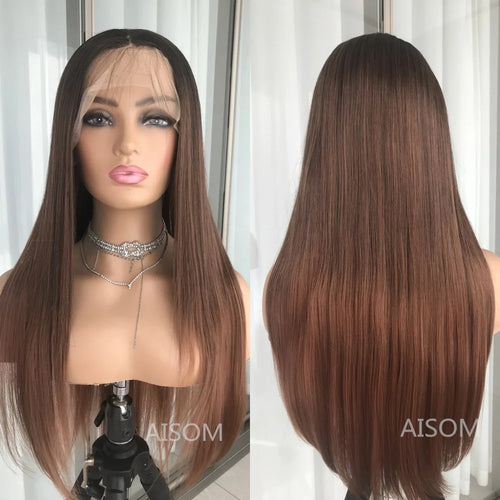 Platinum Ash Blonde Long Straight Lace Front Wig with Brown Roots Pre Plucked Heat Resistant Synthetic Lace Wigs Daily Use