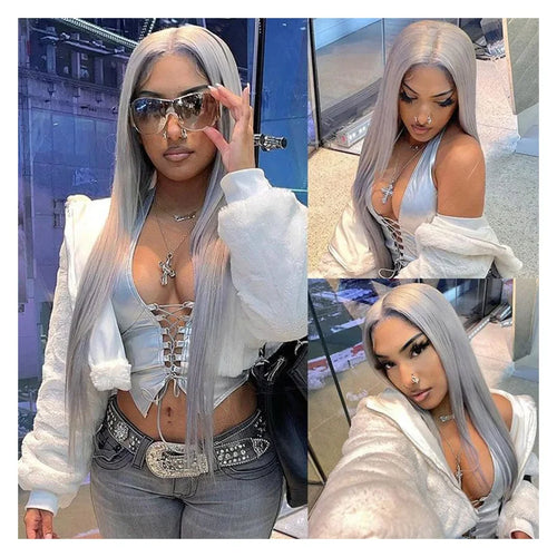 30 40 Inches Straight Human Hair Wigs 13x6 HD Lace Frontal Wigs 250% Density Silver Grey Colored 13x4 Lace Front Human Hair Wigs