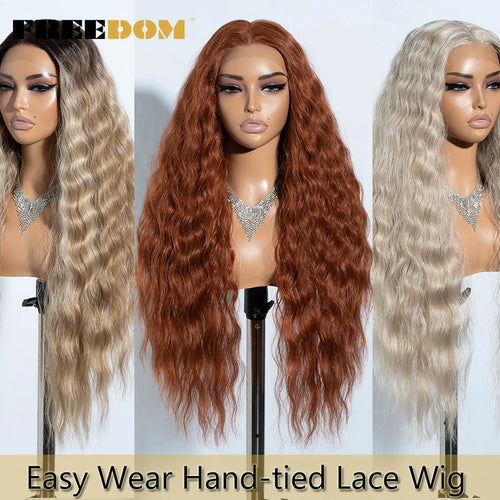 FREEDOM Curly Synthetic Lace Front Wigs For Women 30 inches Soft Wavy Ombre Blonde Ginger Highlight Cosplay Wigs Heat Resistant