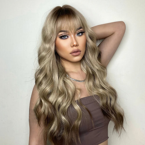 Blonde Brown Synthetic Wig With Bangs Long Curly Wigs For Women Ombre Blonde Wigs Dark Roots Heat Resistant Wigs For Daily Party