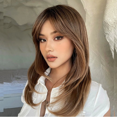 Long Straight Ombre Brown Synthetic Wigs with Bangs Brown Layered Wig Cosplay for Women Afro Daily Natural Hair Heat Resistant