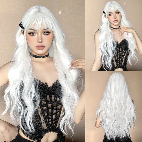 Super Long Curly Silver Synthetic Wig with Fluffy Bangs White Water Wave Hair Wigs for Women Daily Use Cosplay Colored Hair Wig