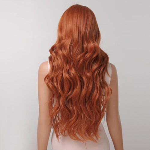 Orange Copper Ginger Long Wavy Synthetic Wigs Red Yellow Wig with Bangs for Women Natural Cosplay Body Wave Heat Resistant Hair