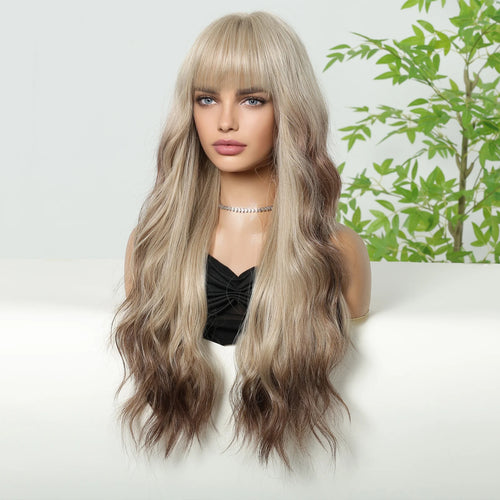Blonde Brown Synthetic Wig With Bangs Long Curly Wigs For Women Ombre Blonde Wigs Dark Roots Heat Resistant Wigs For Daily Party