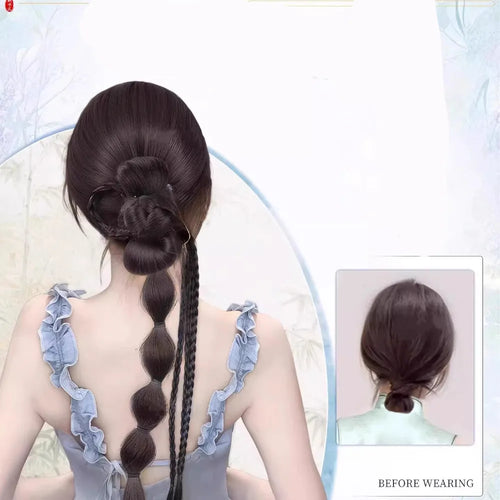 Synthetic Ponytail Bubble Braid Wig Hanfu Cheongsam Side-tie Ball Head Clip-on Twisted Braids Extension Simulated Flower Bud