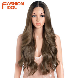 FASHION IDOL 26 inch Body Wave T Part Lace Wigs For Women Dyed Wigs Synthetic With Baby Hair Wigs Ombre Brown Daily Wigs Cosplay