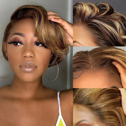 Brown Colored Pixie Cut Short Highlight Lace Human Hair Wigs For Women Ombre Short Brazilian Human Hair Wig Straight Pre Plucked