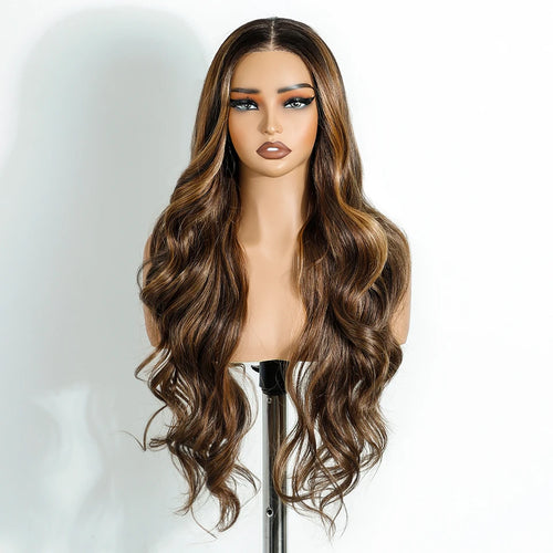 FREEDOM Synthetic Lace Front Wigs For Woman Long Body Wave Lace Wig Ombre Brown 6x4 Pre Plucked Pre Cut Wear and Go Glueless Wig
