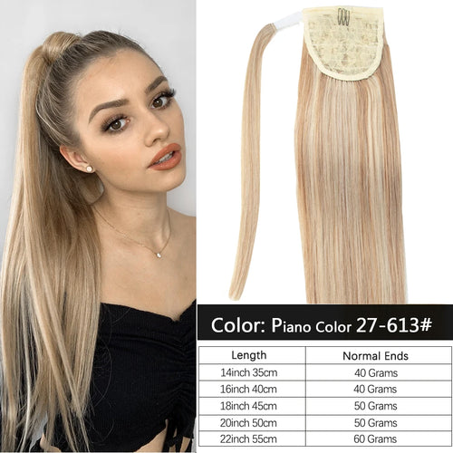 Blonde Ponytail Human Hair Natural Real Hair Extensions Wrap Around Clip on Ponytails Thick Ends Platinum Blonde 24inch 140G