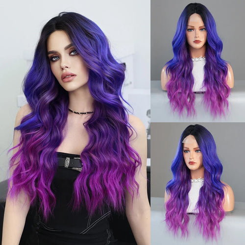 HD Transparent Lace Front Wig Blue Ombre Purple Body Wavy Wigs with Bangs High Density Synthetic Lace Frontal Side Part Wigs