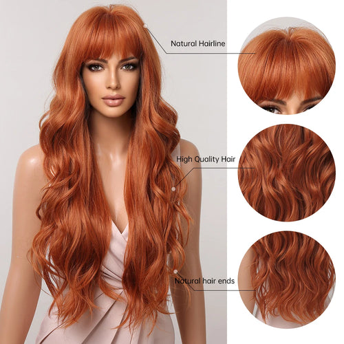 Orange Copper Ginger Long Wavy Synthetic Wigs Red Yellow Wig with Bangs for Women Natural Cosplay Body Wave Heat Resistant Hair