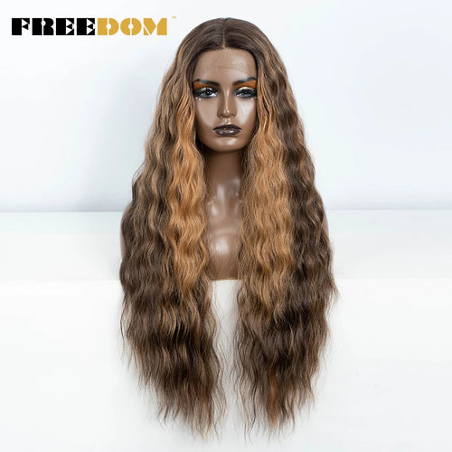 FREEDOM Curly Synthetic Lace Front Wigs For Women 30 inches Soft Wavy Ombre Blonde Ginger Highlight Cosplay Wigs Heat Resistant