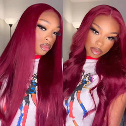 250% Glueless Wig 99J Burgundy 13x4 Lace Frontal Wig Ready To Wear Red Colored Straight 7x5 Human Hair For Women Pre Cut No Glue