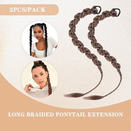 Long Braiding Synthetic Hair Extensions 2 Pieces Set Twisted Ponytail Extension with Rubber Bands Double Fishtail Braided