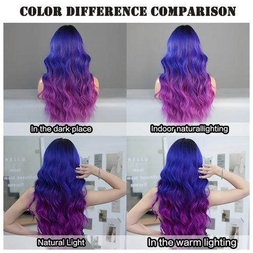 HD Transparent Lace Front Wig Blue Ombre Purple Body Wavy Wigs with Bangs High Density Synthetic Lace Frontal Side Part Wigs
