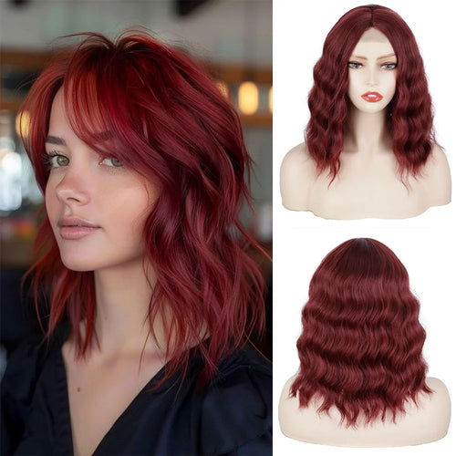Short Synthetic Shoulder Length Middle Part Curly Wavy Bob Wig Natural Looking Heat Resistant Fiber Wig for Women Daily Use
