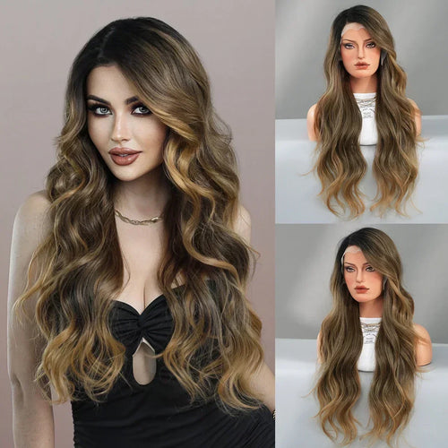 HD Transparent Lace Front Wig Blue Ombre Purple Body Wavy Wigs with Bangs High Density Synthetic Lace Frontal Side Part Wigs