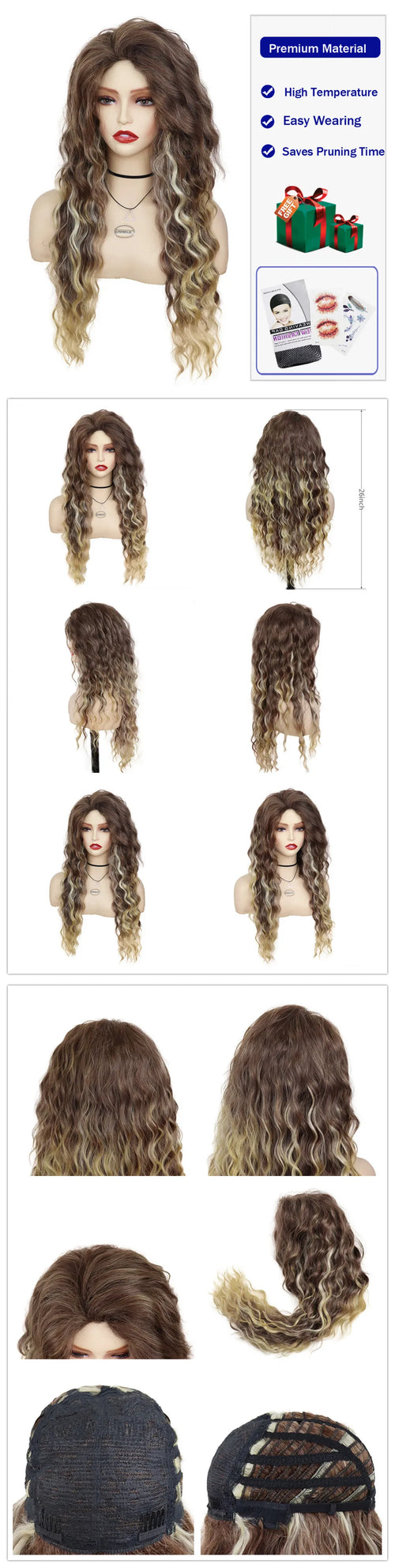 Womens Wig Long Synthetic Hair Ombre Blonde Curly Wigs Female Natural Wavy Drag Queen Regular Wig 80s Gradient Wigs for Student