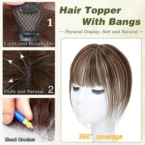 S-noilite 2.4"x3.15" Fringe Air Bang 100% Human Hair Topper Natural Hairline for Women Clip In Hairpieces 10g Light Bangs 10"