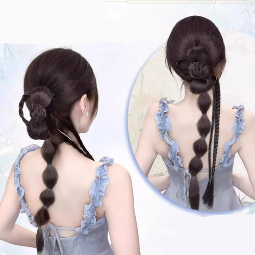 Synthetic Ponytail Bubble Braid Wig Hanfu Cheongsam Side-tie Ball Head Clip-on Twisted Braids Extension Simulated Flower Bud
