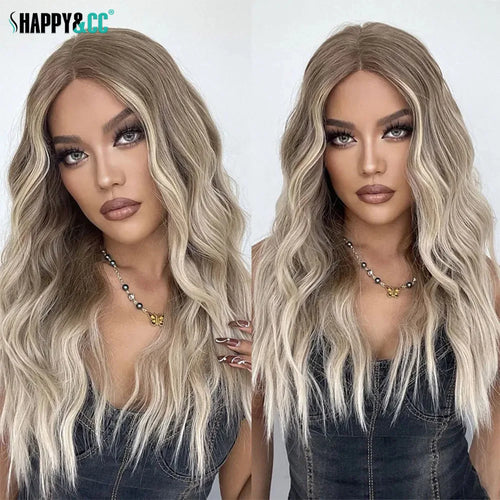 26 Inch Highlight Blonde Lace Front Wigs Wave Ash Blonde Colored Synthetic Hair Wig for Women 13x3 Heat Resistant Wig