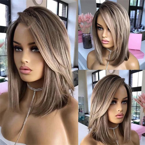 Highlight Blonde Synthetic Wig 12 Inch Ombre Short Lace Front Bob Wigs Straight Dark Roots Glueless Wig for Women Daily Party