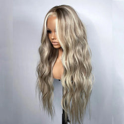 26 Inch Highlight Blonde Lace Front Wigs Wave Ash Blonde Colored Synthetic Hair Wig for Women 13x3 Heat Resistant Wig
