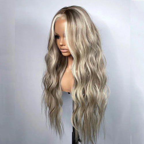 26 Inch Highlight Blonde Lace Front Wigs Wave Ash Blonde Colored Synthetic Hair Wig for Women 13x3 Heat Resistant Wig