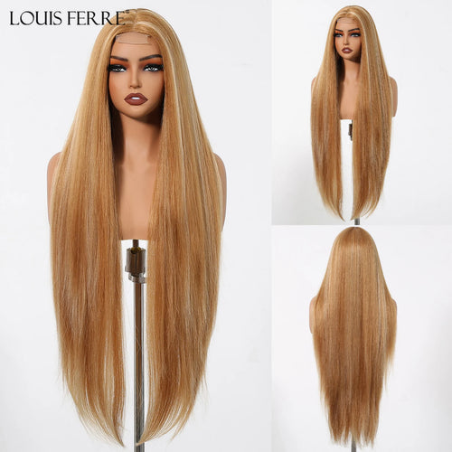 Long Straight Hairline Lace Front Synthetic Wig For Black Women Brown Mixed White Natural Middle Part Wig For Daily Cosplay