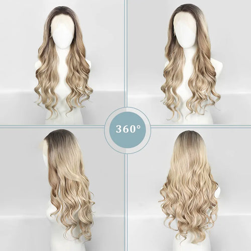 13x4 Lace Front Wavy Blonde Highlight Synthetic Wigs Dark Root Brown Colored Ash Blonde Wig For Women Daily Use 150% Pre Plucked