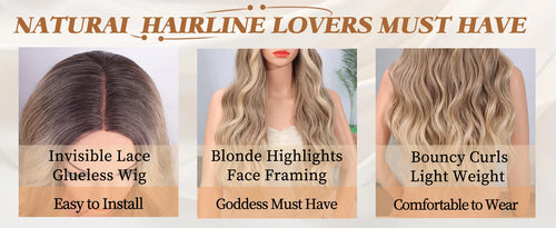 Synthetic Long Lace Ombre Blonde Wavy Wig for Women 26 Inch Middle Part Curly Natural Looking Heat Resistant Fiber for Daily