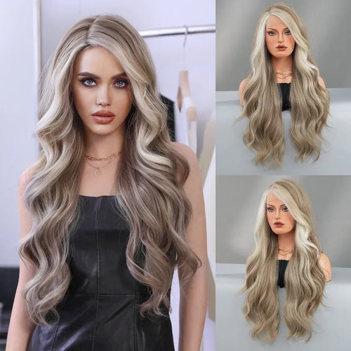 HD Transparent Lace Front Wig Blue Ombre Purple Body Wavy Wigs with Bangs High Density Synthetic Lace Frontal Side Part Wigs