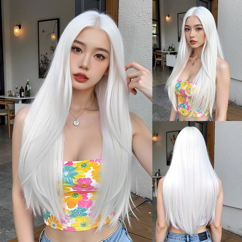 Super Long Curly Silver Synthetic Wig with Fluffy Bangs White Water Wave Hair Wigs for Women Daily Use Cosplay Colored Hair Wig