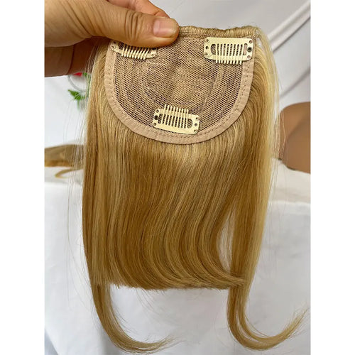 27P613 Blonde Mixed Brown Color Brazilian Human Hair Clip-in Hair Bangs Full Fringe Short Straight Hair Extension for women 6-8"