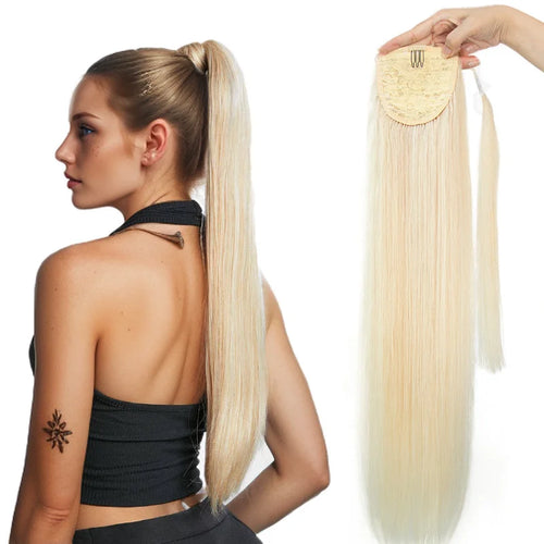 Blonde Ponytail Human Hair Natural Real Hair Extensions Wrap Around Clip on Ponytails Thick Ends Platinum Blonde 24inch 140G