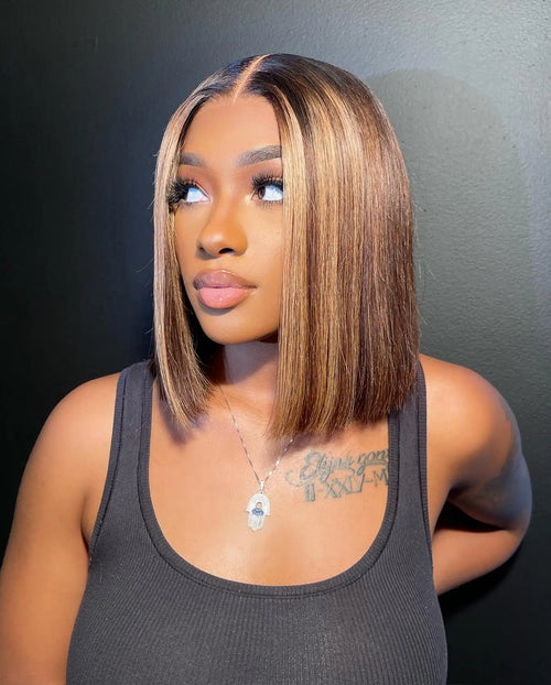 Highlight Wear Go Glueless Human Hair Straight Short Bob Wig P4/27 Colored 7x5 13x4 HD Lace Frontal Glueless Wigs Ready to Wear