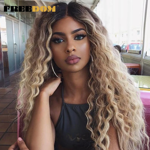 FREEDOM Curly Synthetic Lace Front Wigs For Women 30 inches Soft Wavy Ombre Blonde Ginger Highlight Cosplay Wigs Heat Resistant