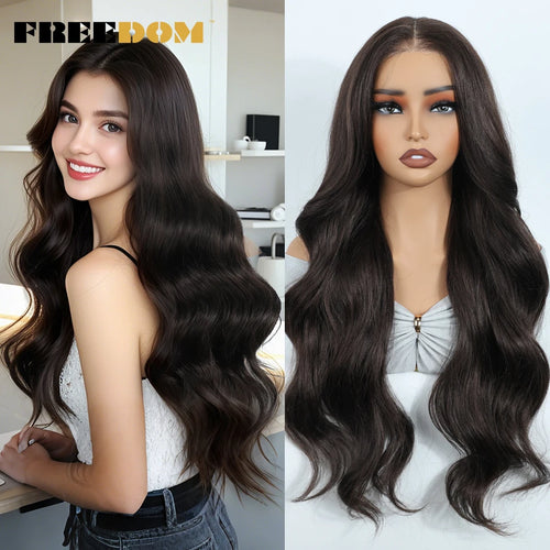 FREEDOM Synthetic Lace Front Wigs For Woman Long Body Wave Lace Wig Ombre Brown 6x4 Pre Plucked Pre Cut Wear and Go Glueless Wig
