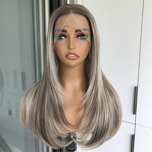 13x4 Lace Front Wig Highlight Brown Layered Straight Synthetic Lace Wigs for Women Blonde mix Brown Colored Wig Pre Plucked