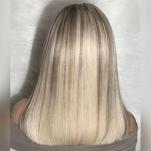Highlight Blonde Synthetic Wig 12 Inch Ombre Short Lace Front Bob Wigs Straight Dark Roots Glueless Wig for Women Daily Party