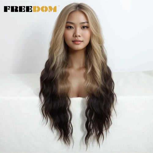 FREEDOM Curly Synthetic Lace Front Wigs For Women 30 inches Soft Wavy Ombre Blonde Ginger Highlight Cosplay Wigs Heat Resistant