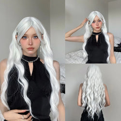 Super Long Curly Silver Synthetic Wig with Fluffy Bangs White Water Wave Hair Wigs for Women Daily Use Cosplay Colored Hair Wig