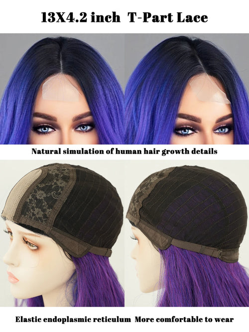 HD Transparent Lace Front Wig Blue Ombre Purple Body Wavy Wigs with Bangs High Density Synthetic Lace Frontal Side Part Wigs