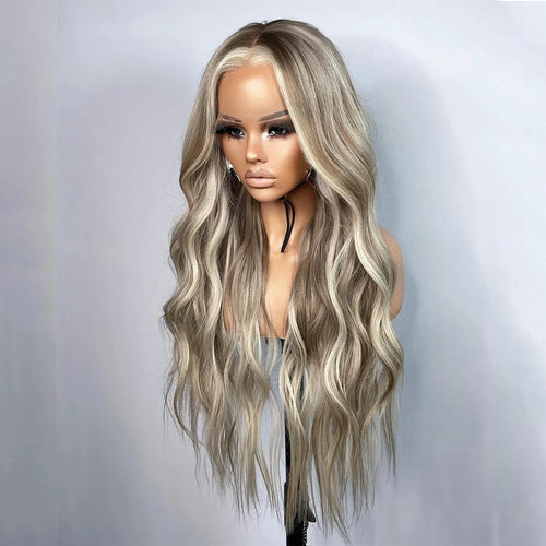 26 Inch Highlight Blonde Lace Front Wigs Wave Ash Blonde Colored Synthetic Hair Wig for Women 13x3 Heat Resistant Wig
