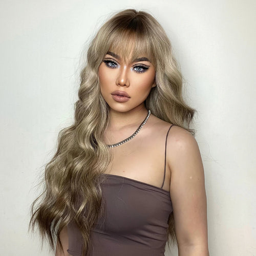 Blonde Brown Synthetic Wig With Bangs Long Curly Wigs For Women Ombre Blonde Wigs Dark Roots Heat Resistant Wigs For Daily Party