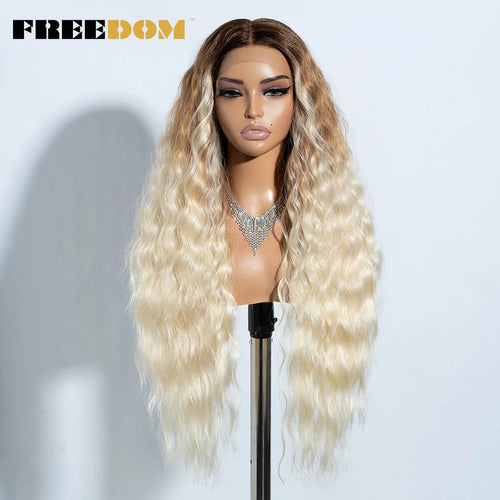 FREEDOM Curly Synthetic Lace Front Wigs For Women 30 inches Soft Wavy Ombre Blonde Ginger Highlight Cosplay Wigs Heat Resistant